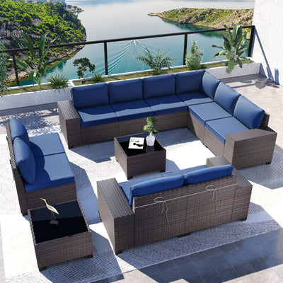Kullavik Outdoor Patio Furniture Set 12 Pieces Sectional Rattan Sofa Set Brown PE Rattan Wicker Patio Conversation Set with 10 Navy Blue Seat Cushions and 2 Tempered Glass Table