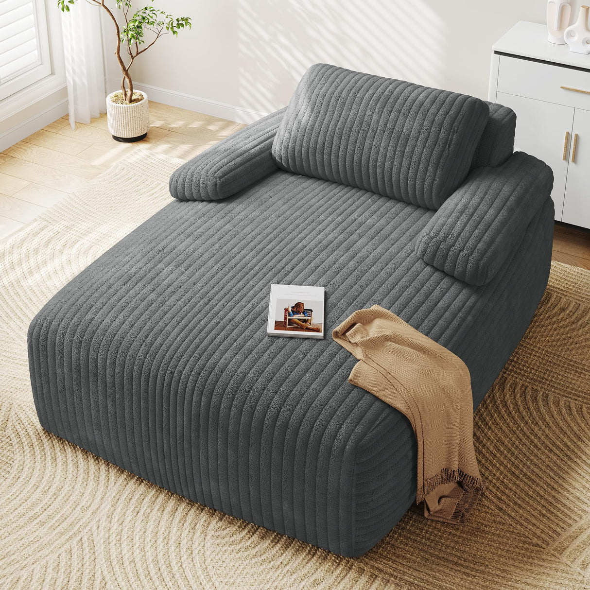 YITAHOME 48-Inch Chaise Lounge Chair Indoor, Oversized Corduroy Upholstered Boneless Sofa Bed, Deep-Seat Sleeper Couch, Reading Chair, Cloud Sofa Couch for Living Room, No Assembly Required, Grey YITAHOME