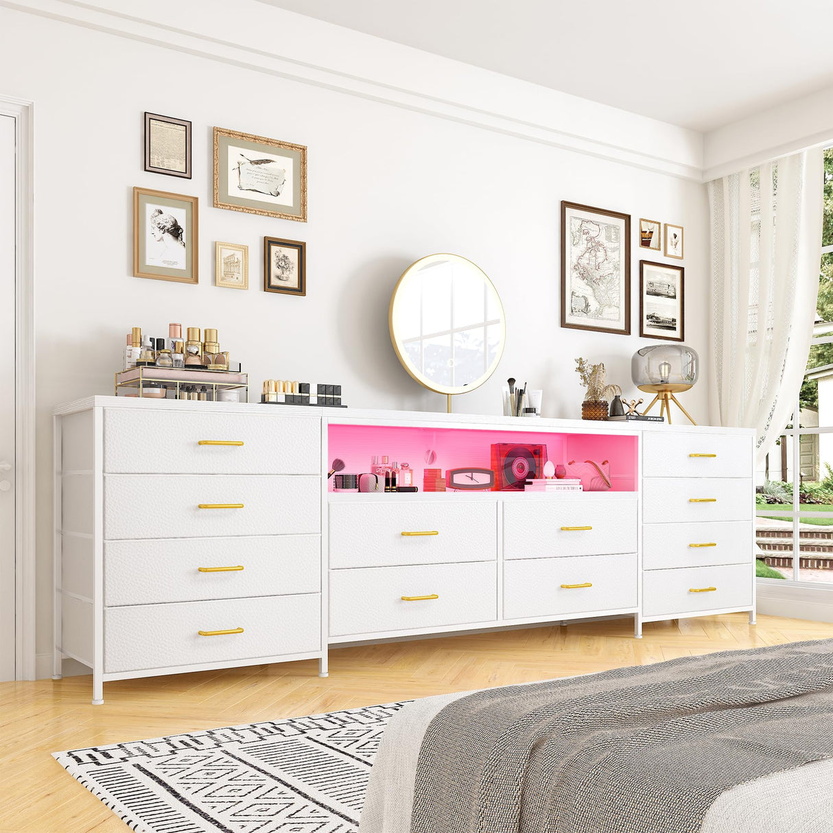 EnHomee 12 Drawer Dresser TV Stand for 65 70 75 Inch TV, 63" W Extra Long White Dresser for Bedroom with LED Lights & Power Outlets, Entertainment Center with Drawers, Fabric Dresser for Closet EnHomee