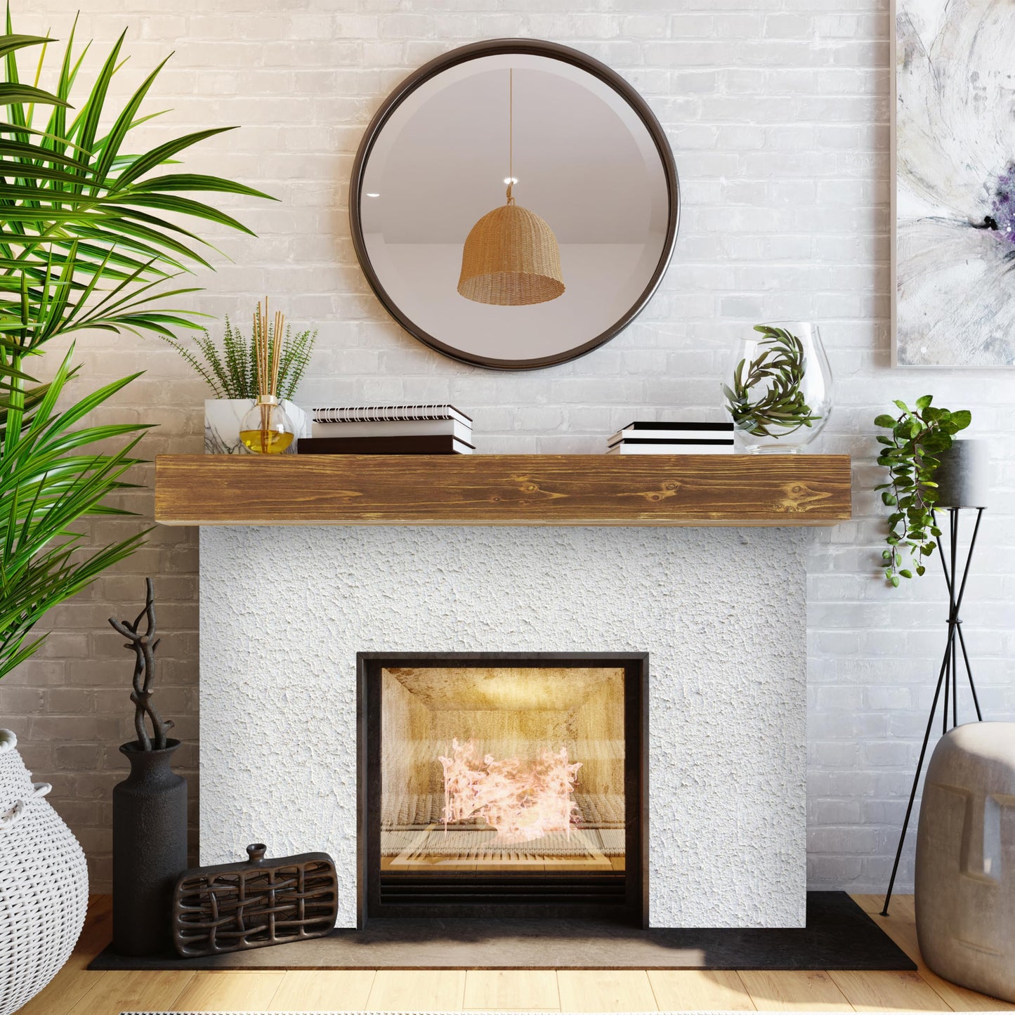 48" Rustic Wood Fireplace Mantel | Wall-Mounted & Floating Shelf for Home Decor