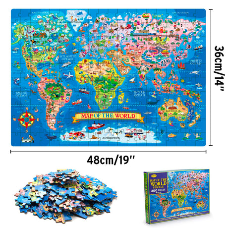 MOTYAWN 200 Pieces World Map Puzzle for Kids & Adults, World Map Jigsaw Puzzle Floor Puzzles Toddler Geography Educational Toys for Boys and Girls, Globe Atlas Puzzle Maps for Kids Learning Games MOTYAWN