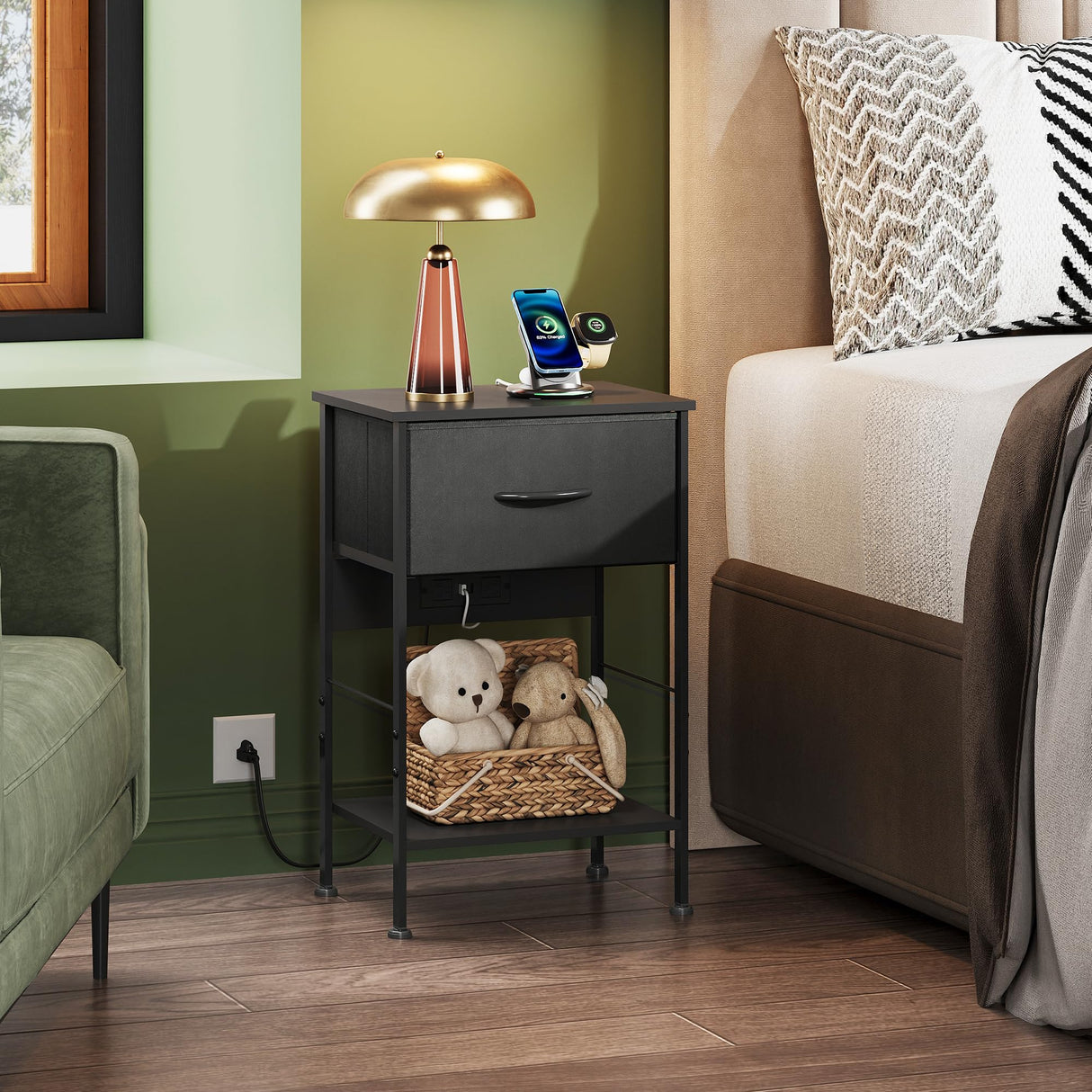 WLIVE Night Stand with Charger Station, Small Nightstand with 1 Fabric Drawer and Open Wood Shelf, 25" H Bedside Table for Bedroom, 2-Tier Storage Side Table for Dorm, Entryway, Black WLIVE