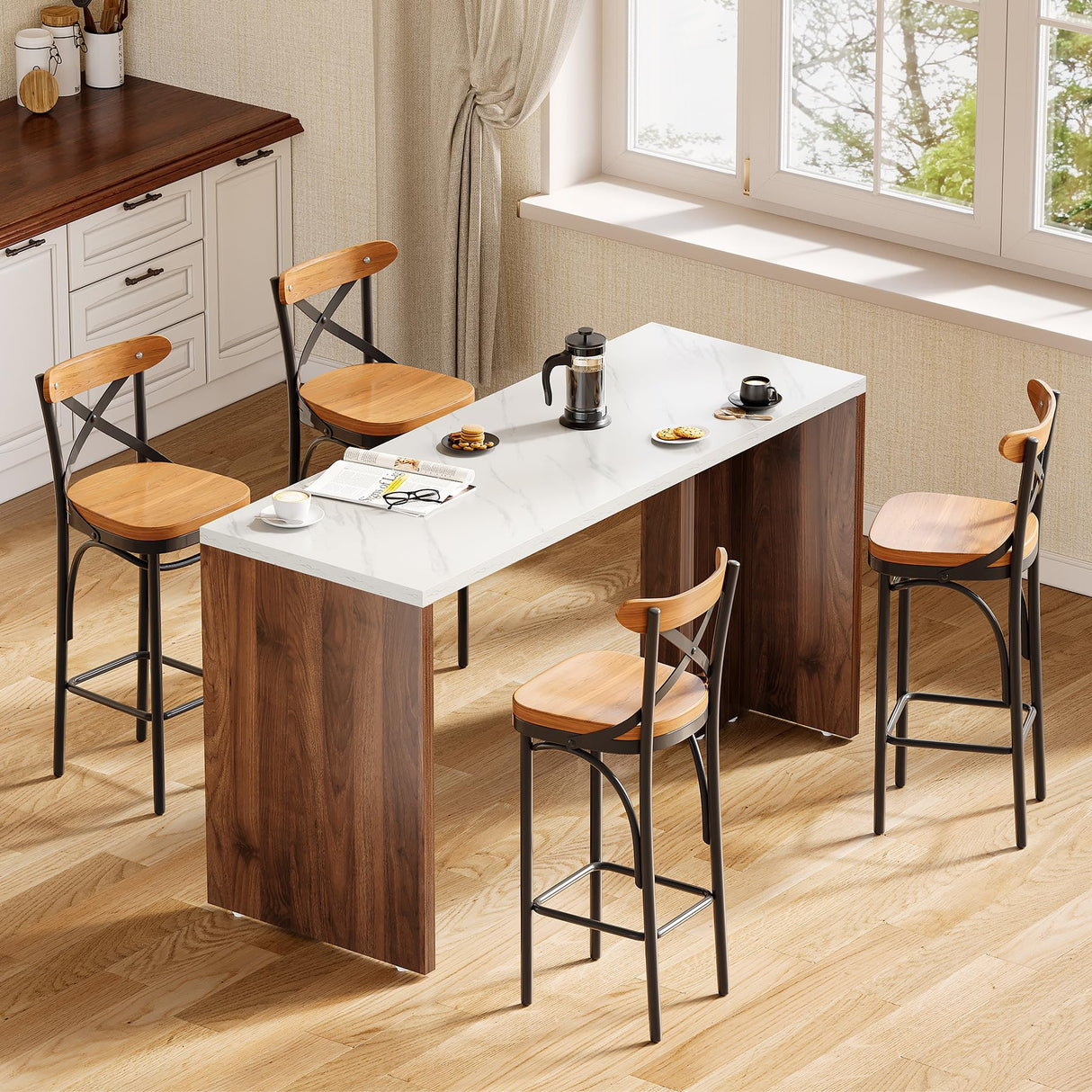 LITTLE TREE Home Bar Table, 55-Inch Long Counter Height Pub Table with a Faux Marble Finished Tabletop, Narrow Rectangular Indoor Bar Unit for Home, Kitchen, White & Walnut LITTLE TREE