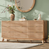 TROJM 63'' Wide 9 Drawers Dresser for Bedroom,Modern Fluted Vertical Chest with Rounded Corners,Fluted Dresser for Living Room,Hallway, Natural Wood TROJM