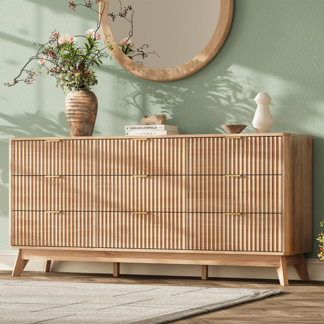 TROJM 63'' Wide 9 Drawers Dresser for Bedroom,Modern Fluted Vertical Chest with Rounded Corners,Fluted Dresser for Living Room,Hallway, Natural Wood TROJM