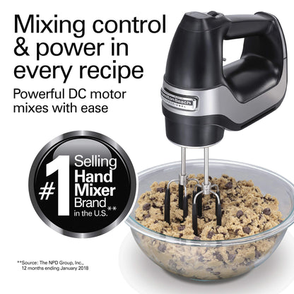 Hamilton Beach Professional 7-Speed Digital Electric Hand Mixer with High-Performance DC Motor, Slow Start, Snap-On Storage Case, SoftScrape Beaters, Whisk, Dough Hooks, Matte Black (62655)