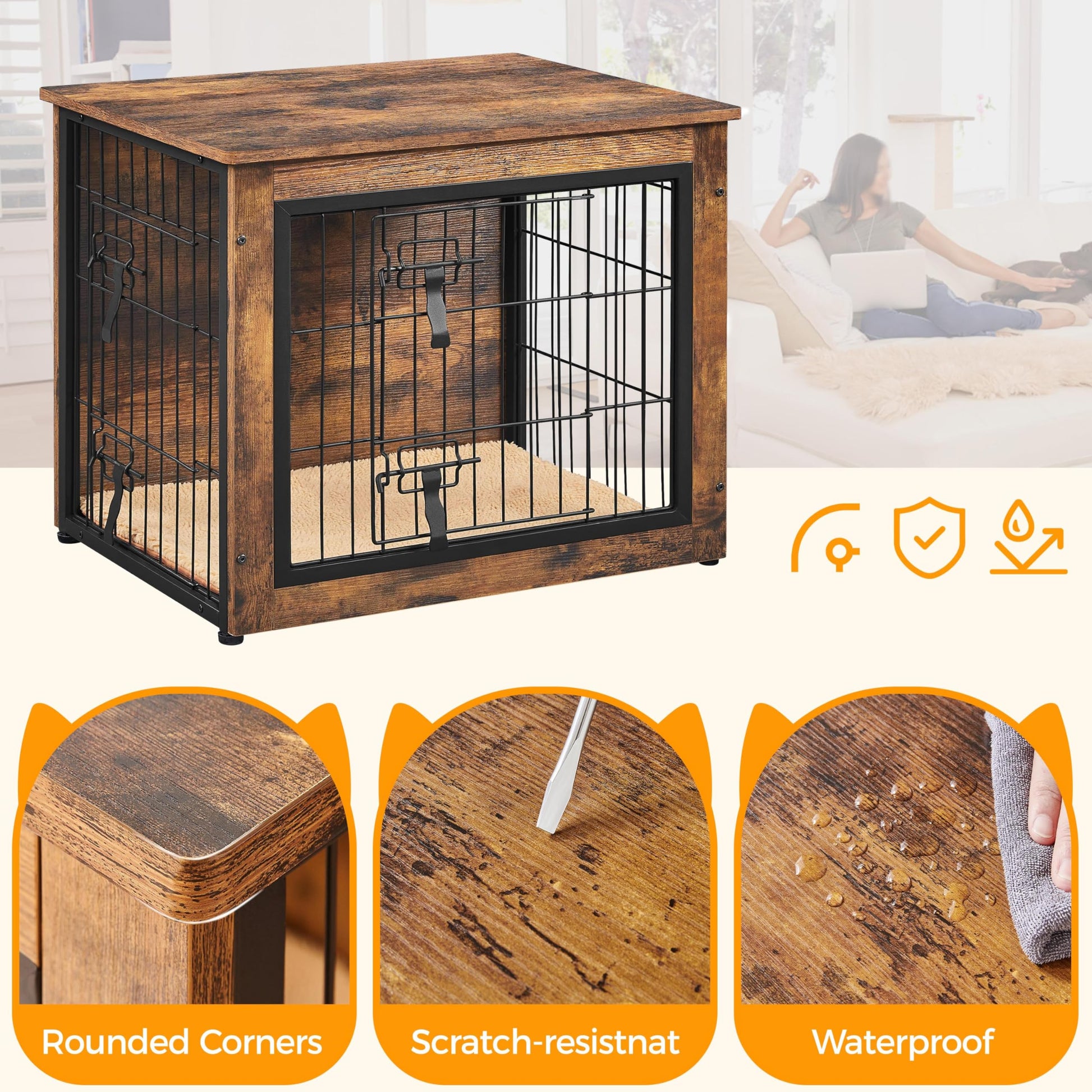 Yaheetech 32'' Dog Crate Furniture with Cushion Wooden Dog Crate with Double Doors/Adjustable Feet Side End Table for Small/Medium Dogs - WoodArtSupply