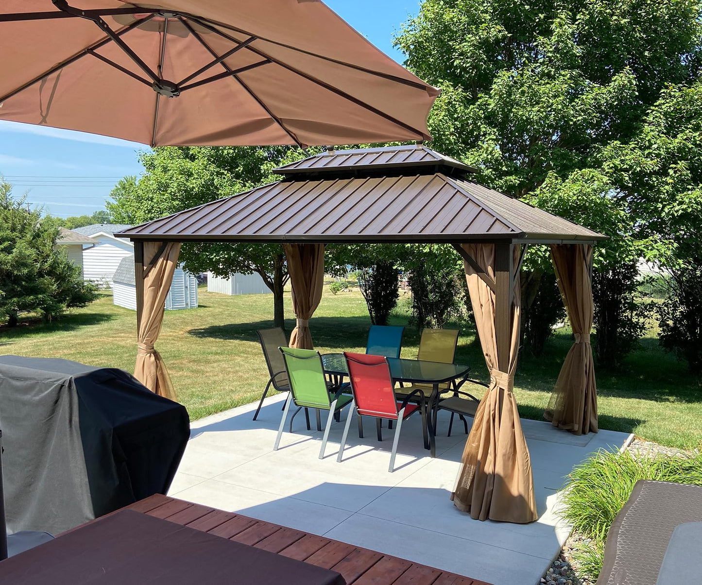 Domi 12' X 16' Hardtop Gazebo, Aluminum Metal Gazebo with Galvanized Steel Double Roof Canopy, Curtain and Netting, Permanent Gazebo Pavilion for Party, Wedding, Outdoor Dining, Brown - WoodArtSupply