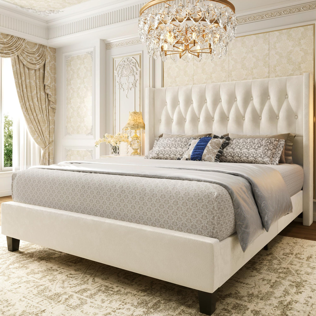 HISOFT Queen Bed Frame, Velvet Upholstered Queen Platform Bed with 48.8" Tall Wingback Headboard, Button Tufted, No Box Spring Needed, Noise-Free, Cream HISOFT