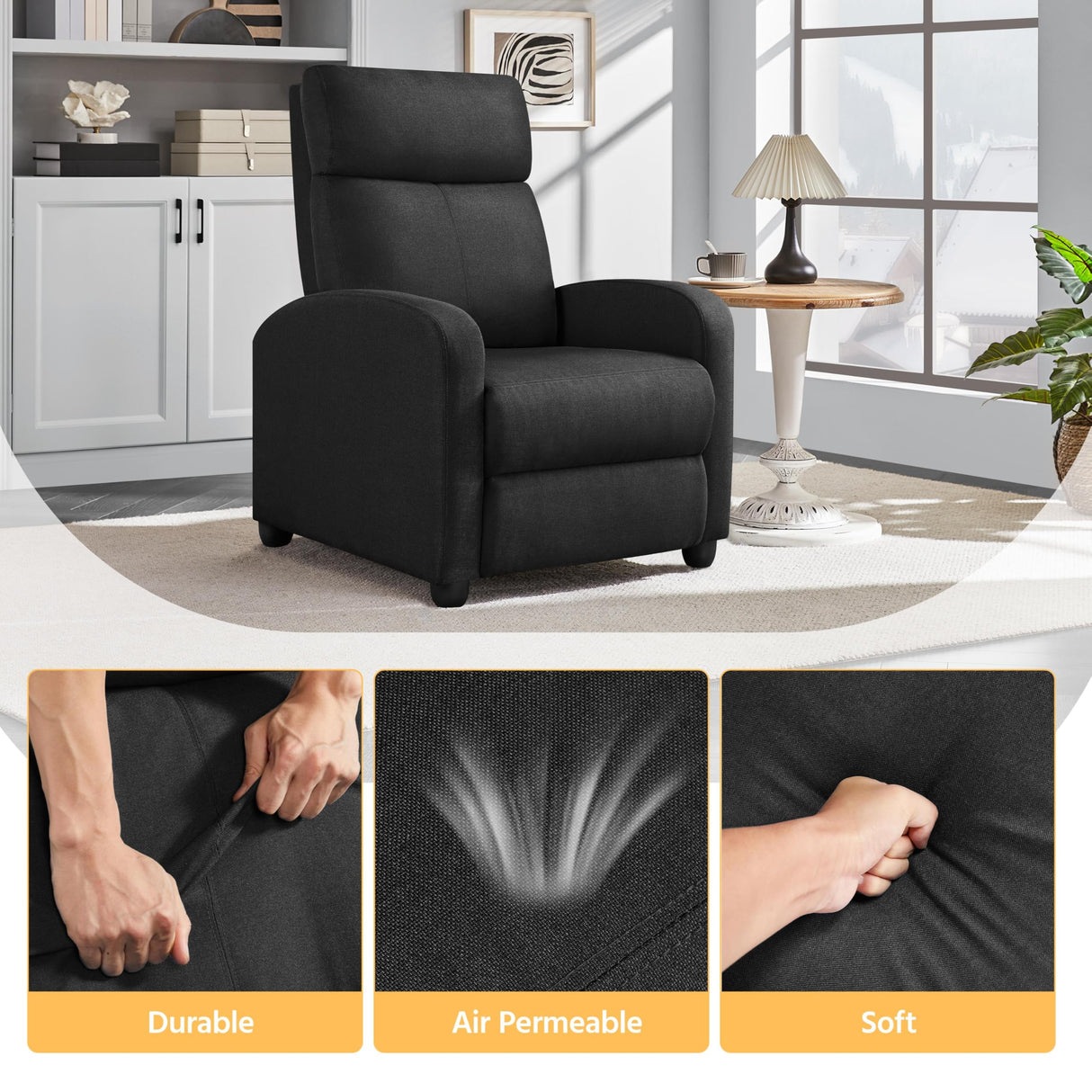 Yaheetech Fabric Recliner Chair Sofa Ergonomic Adjustable Single Sofa with Thicker Seat Cushion Modern Home Theater Seating for Living Room Matte Black Yaheetech
