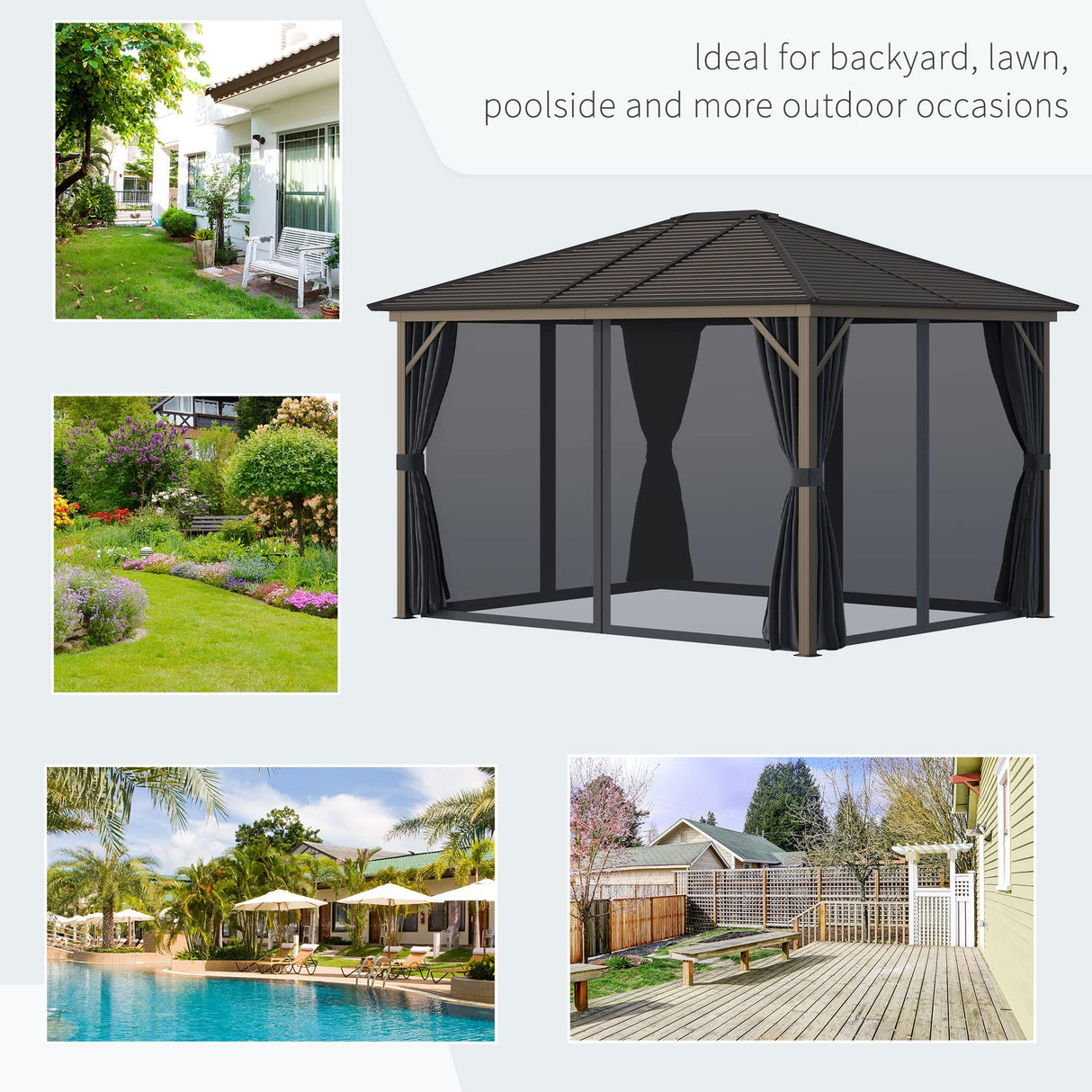 Outsunny 10' x 12' Hardtop Gazebo with Curtains and Netting, Permanent Pavilion Metal Single Roof Gazebo Canopy with Aluminum Frame and Hooks, for Garden, Patio, Backyard, Dark Gray Outsunny
