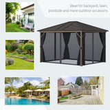 Outsunny 10' x 12' Hardtop Gazebo with Curtains and Netting, Permanent Pavilion Metal Single Roof Gazebo Canopy with Aluminum Frame and Hooks, for Garden, Patio, Backyard, Dark Gray Outsunny