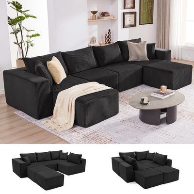 Weture 135.4" Cloud Couch Sectional, Modular Sofa with Deep Seat, Plush Corduroy U Shaped Boneless Couch, Convertible Sectional Couches for Living Room, 6Seat, Black