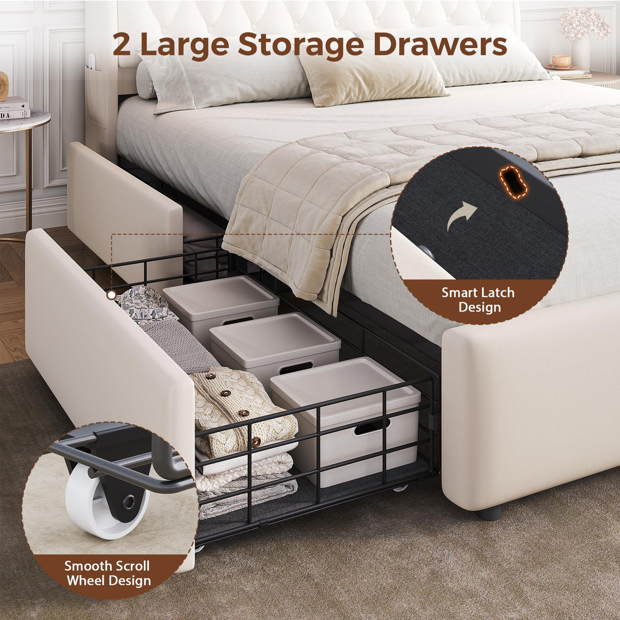 Queen LED Velvet Bed Frame with 2 Storage Drawers&Hidden Headboard, Upholstered Platform Bed with Charging Station&Button Tufted Design, Wooden Slats Support, Box Spring Optional, Easy Assembly, Beige Jocoevol