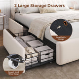 Full LED Velvet Bed Frame with 2 Storage Drawers&Hidden Headboard, Upholstered Platform Bed with Charging Station&Button Tufted Design, Wooden Slats Support, Box Spring Optional, Easy Assembly, Beige Jocoevol