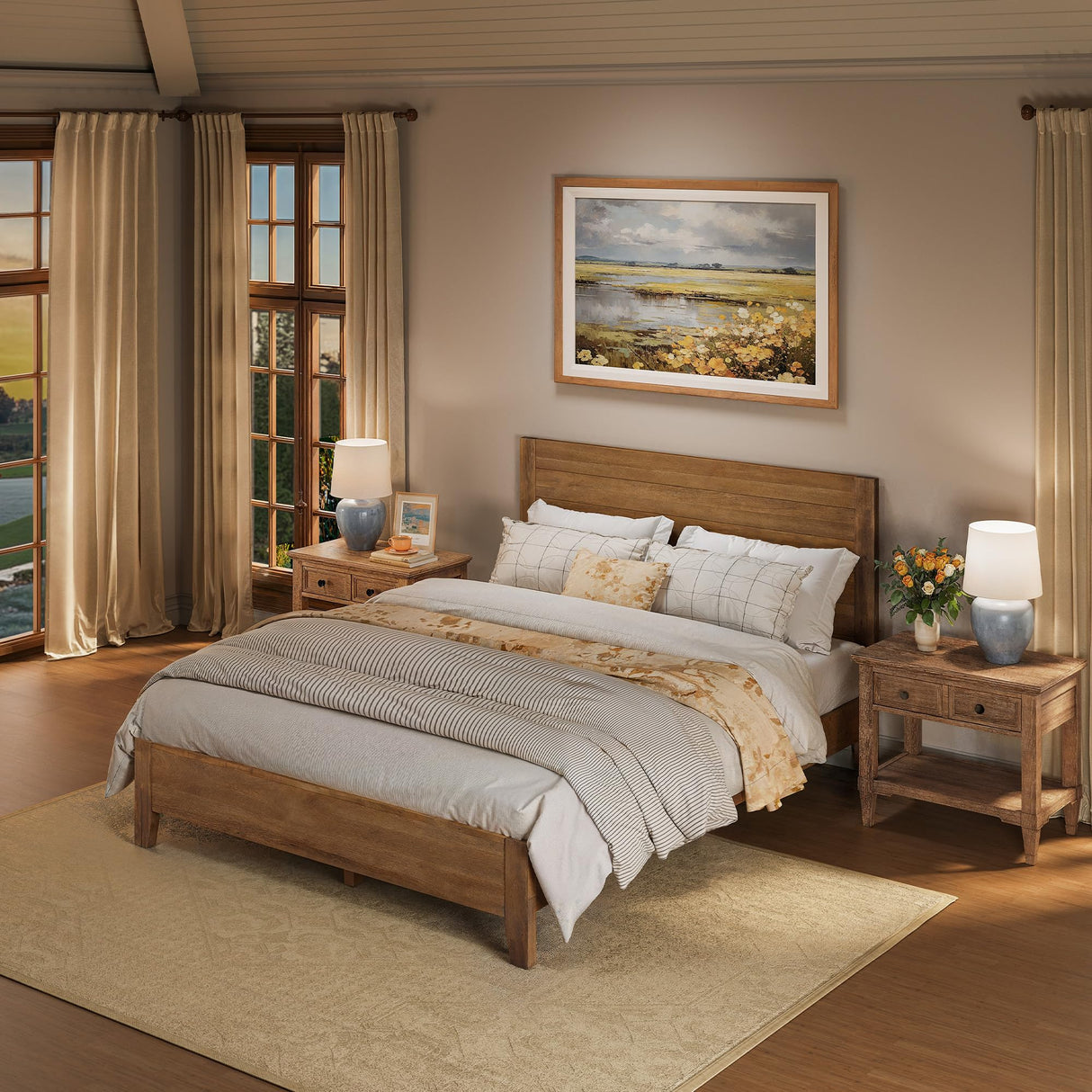 Cozyman Bed Frame Queen Size, Acacia Wood Platform with Headboard, No Box Spring Needed, 800lb Capacity, Non-Slip Without Noise, Easy Assembly, Dark Wood Cozyman