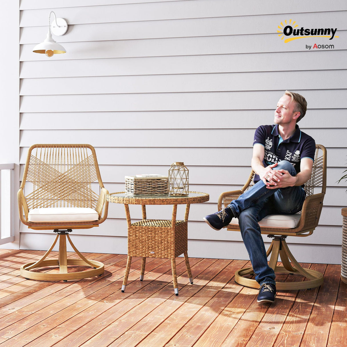 Outsunny Swivel Patio Chairs Set of 2, Rattan Outdoor Patio Dining Chairs with Soft Cushions and Metal Frame for Backyard, Lawn, Porch, or Garden, Khaki Outsunny