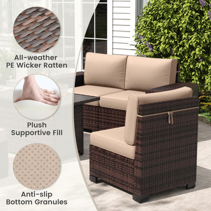 Amopatio Outdoor Patio Furniture Sets, 5 Pieces Brown Wicker Patio Sectional Couch with Glass Top Table and Waterproof Covers, Outdoor Sofa Fit Backyard Poolside, Beige Cushion - WoodArtSupply