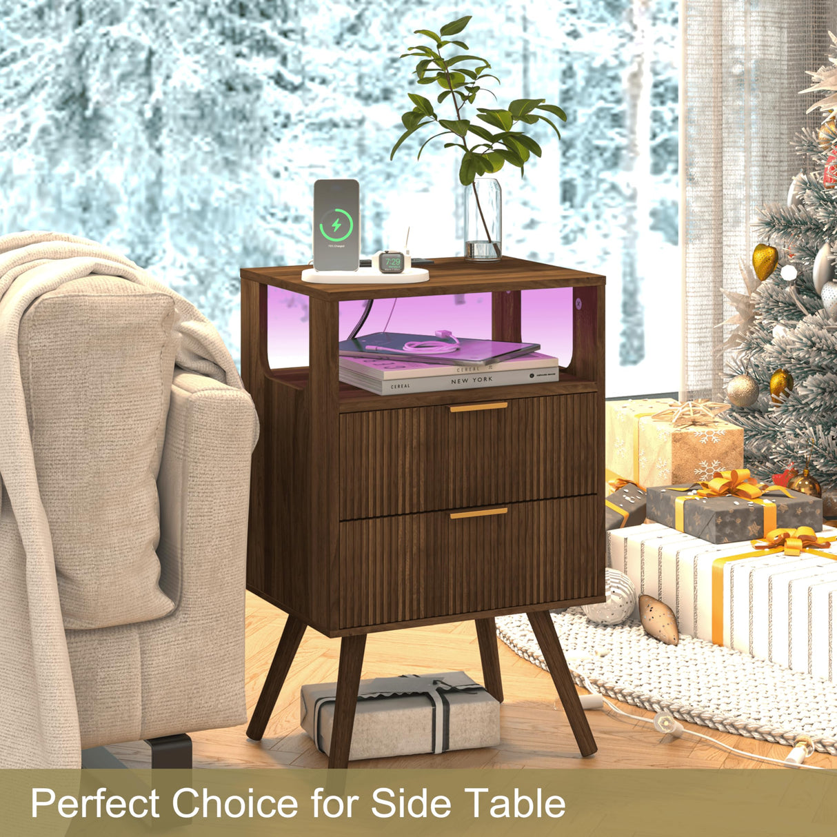 JOONEE Nightstand with Charging Station and LED Lights,Modern Bedside Table with 2 Storage Drawer and Open Wood Shelf, for Bedroom and Small Spaces,Night Stand with Solid Wood Legs,Walnut Brown JOONEE