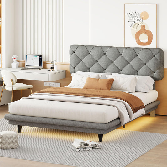 Bellemave Floating Platform Bed Frame in Grey with Button-Tufted Headboard and Illuminating Stripe - WoodArtSupply