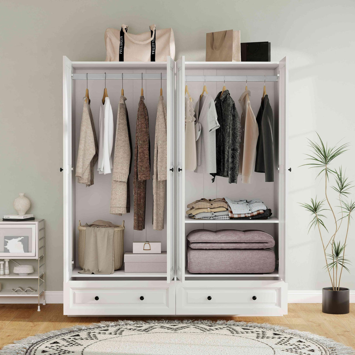 Mhsatyrs Armoire Wardrobe Closet with Drawers: 74" Large White Armoire Wardrobe Closet with 4 Doors, Bedroom Armoires with Hanging Rod and 2 Drawers, Wooden Clothes Storage Cabinet (White, 63") Mhsatyrs