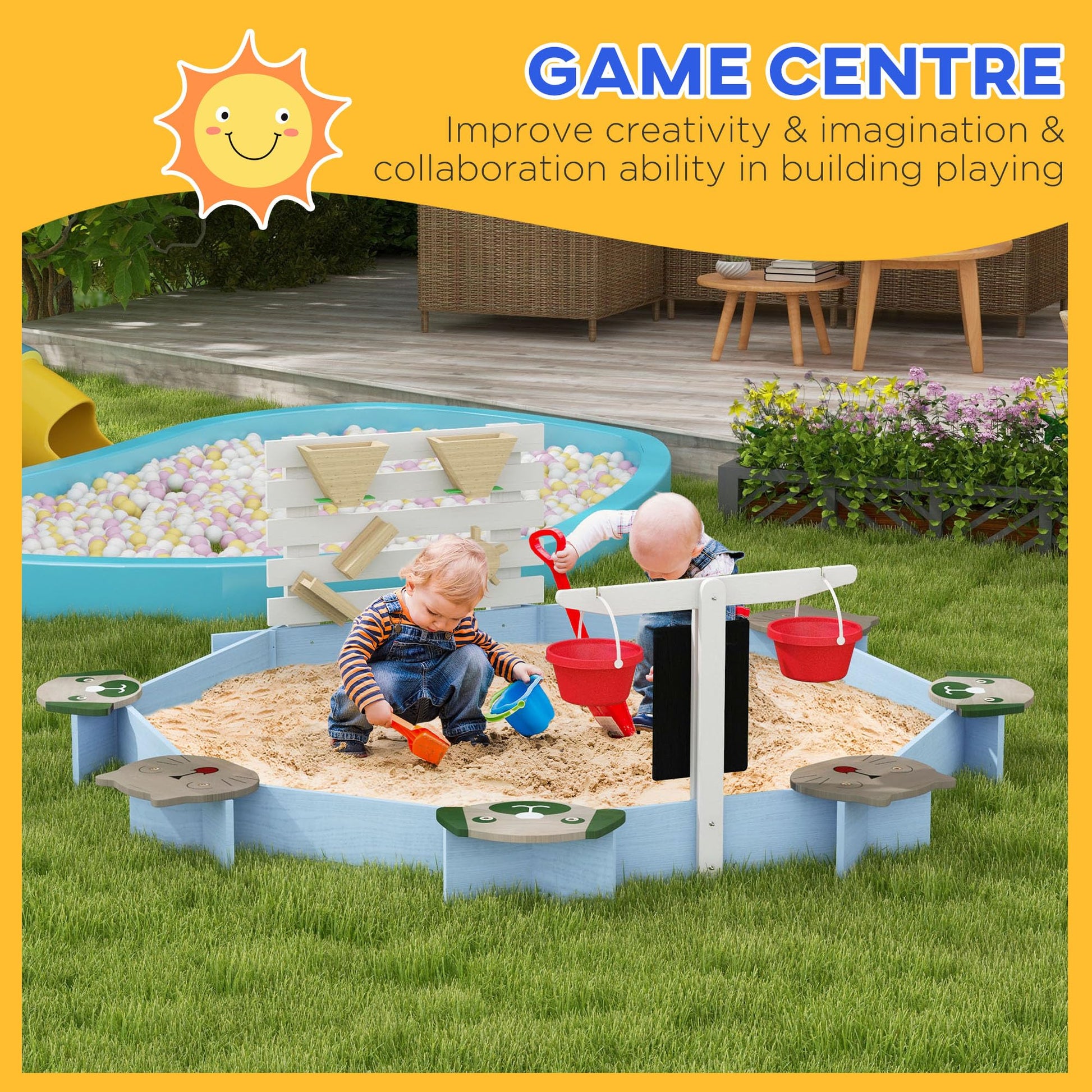 Outsunny Kids Wooden Sandbox with Cover, Large Outdoor Sand Boxes with 6 Animal Patterned Seats, Water & Sand Toys, Buckets, Blackboards, Sand Pit for Toddler 3-7, 85" x 85" x 25", Blue - WoodArtSupply