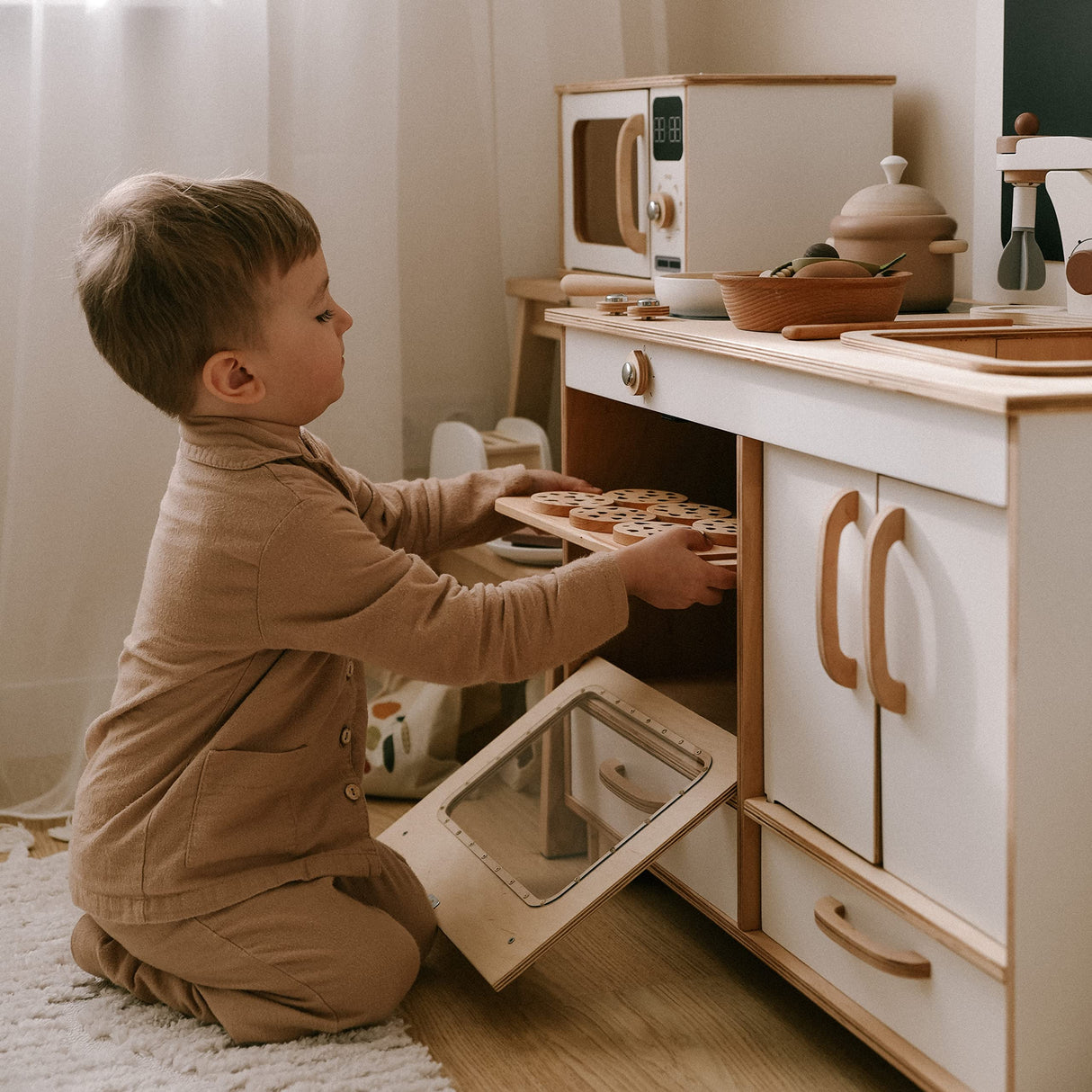 Kids Pretend Play Kitchen Wooden Montessori Playroom Furniture Nursery Decor Birthday Gift for Toddler Girl Wood Natural Baby Neutral Room (Natural) Enjoy The Wood