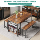 YITAHOME 63" 3 Piece Kitchen Dining Room Table Set for 4 w Bench & Storage, Farmhouse Rectangle Dinette Sets w Wine & Glass Holder 4 Seater, Space Saving for Apartment Dinner Breakfast, Rustic Brown YITAHOME