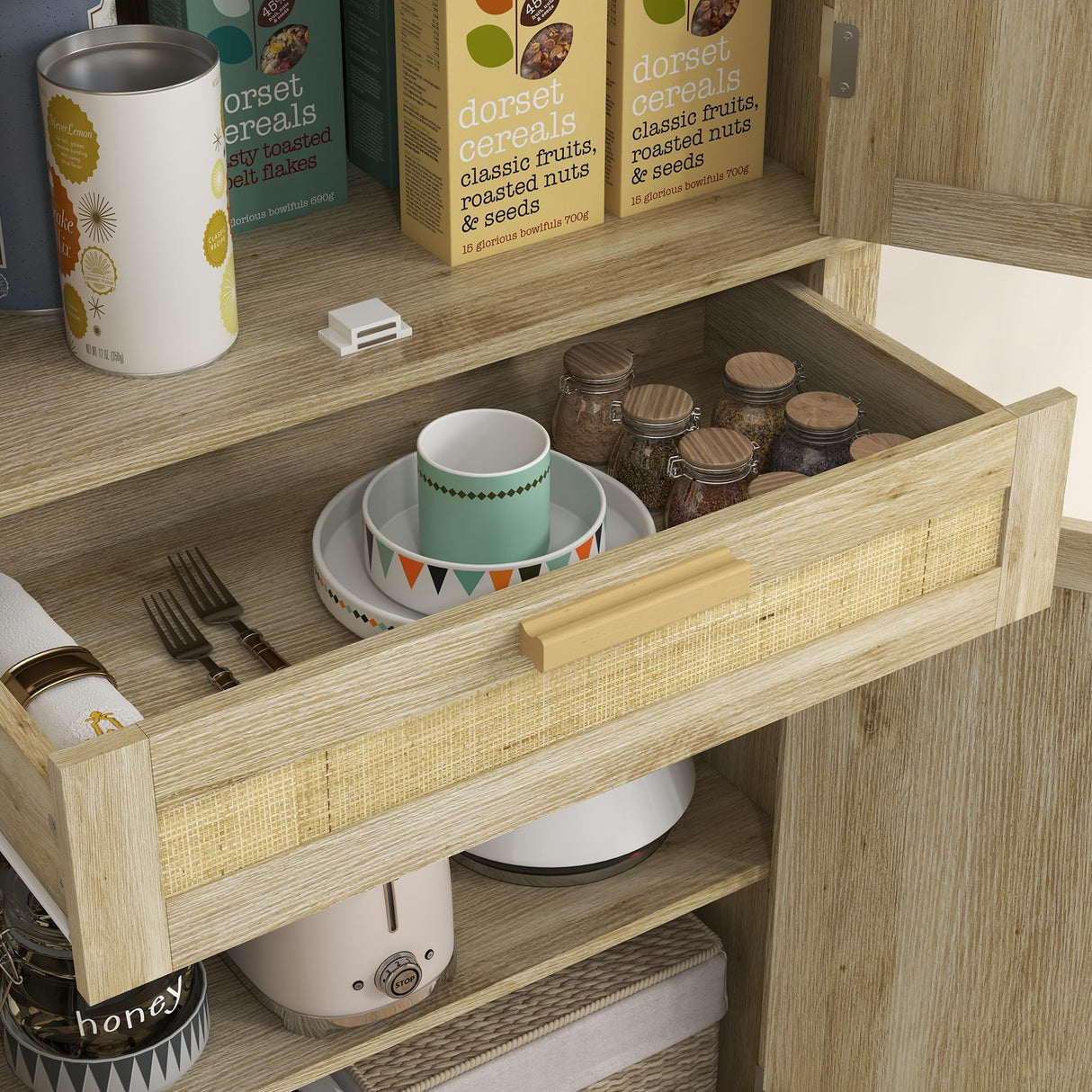 HOMCOM 72" Tall Kitchen Pantry Storage Cabinet, Rattan Freestanding Kitchen Cabinet with 4 Doors, Drawer, 5-Tier Shelf and Adjustable Shelves, Oak HOMCOM