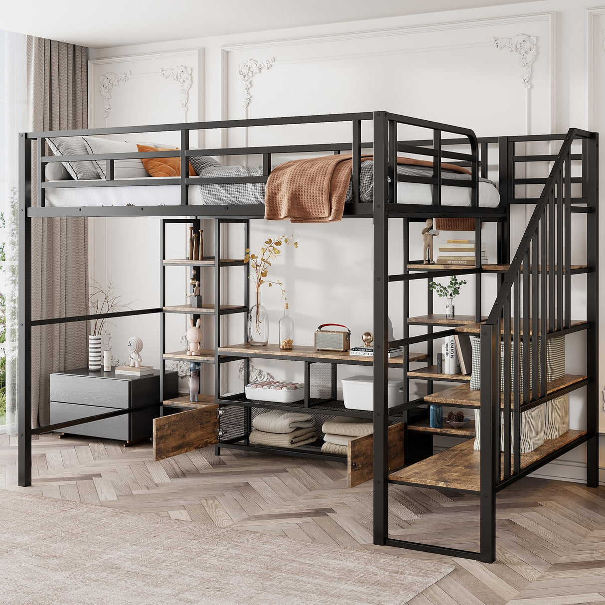 Harper & Bright Designs Full Size Loft Bed with Staircase and Desk, Metal Full Loft Bed Frame with Storage Shelves, Full Storage Bed for Kids Girls, Boys, Teens, Gray Harper & Bright Designs