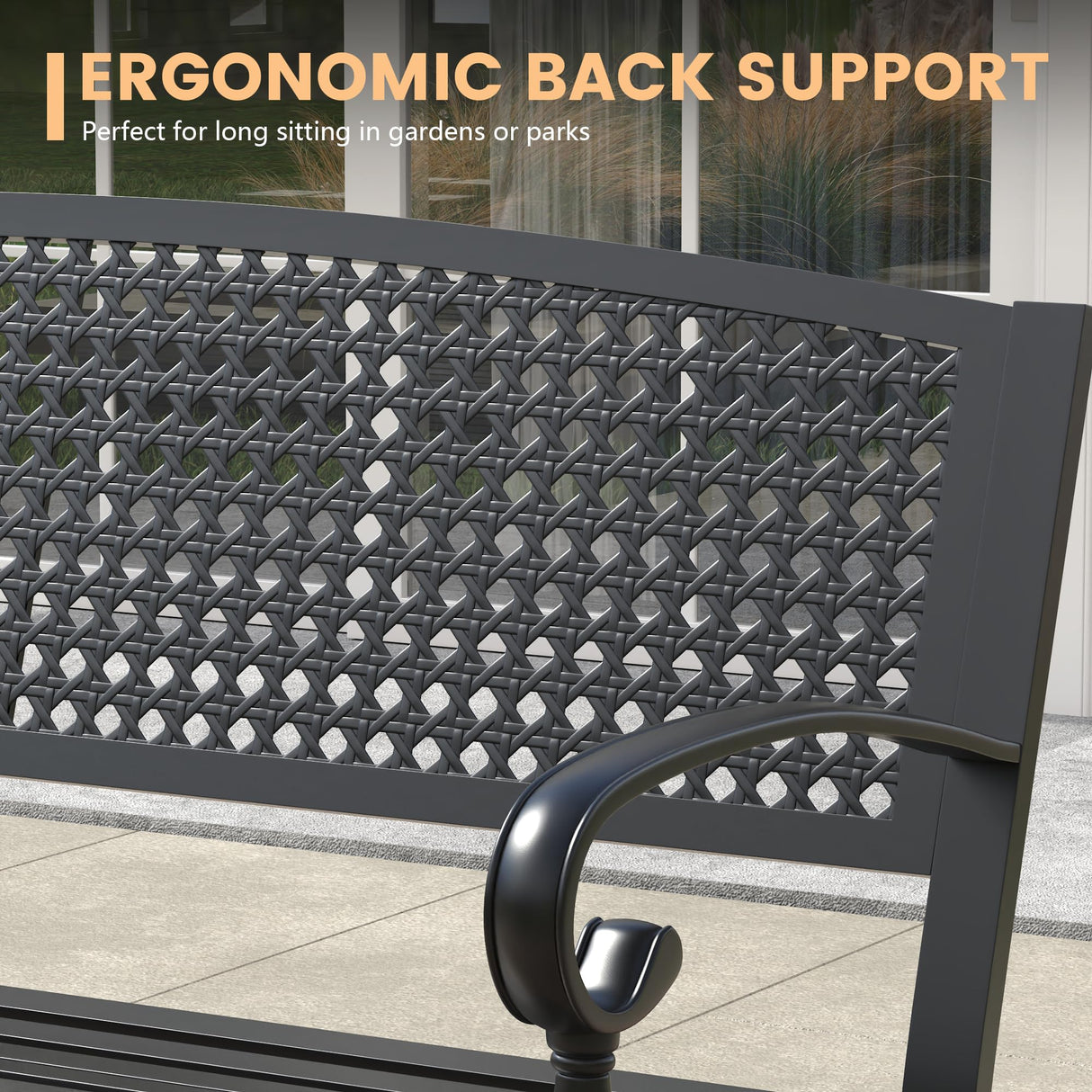 ARKOST Outdoor Bench, 50.4" Patio Metal Frame Garden Bench with Backrest and Curved Armrests for Lawn Backyard, Black ARKOST