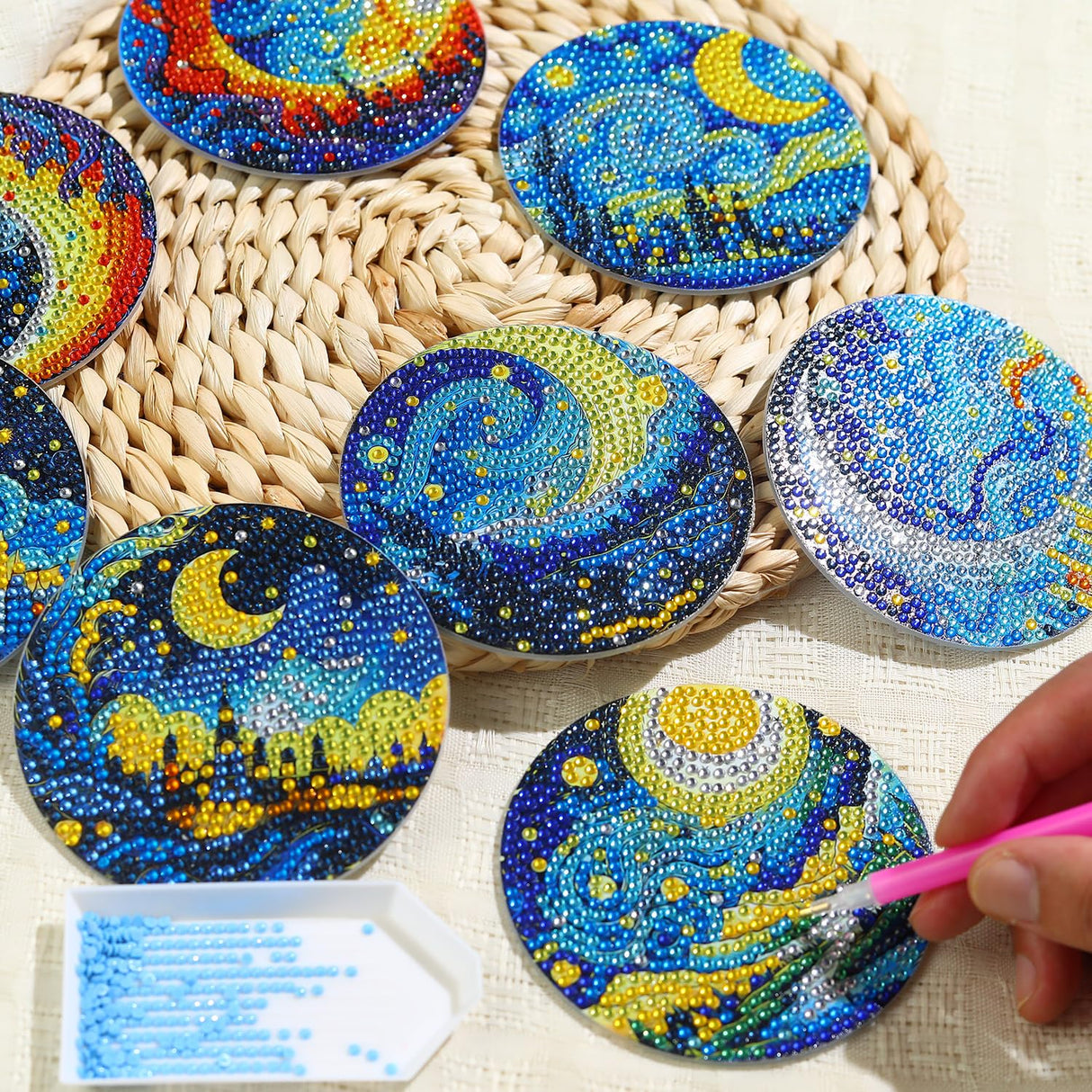 8 PCS Moon Diamond Art Coasters Kits, Diamond Painting Coasters with Holder Set of 8, DIY Drink Coasters Art Crafts Supplies for Adults Cup Mat for Home Decor House Warming Gifts Non-Slip 3.9inch FOXKISS