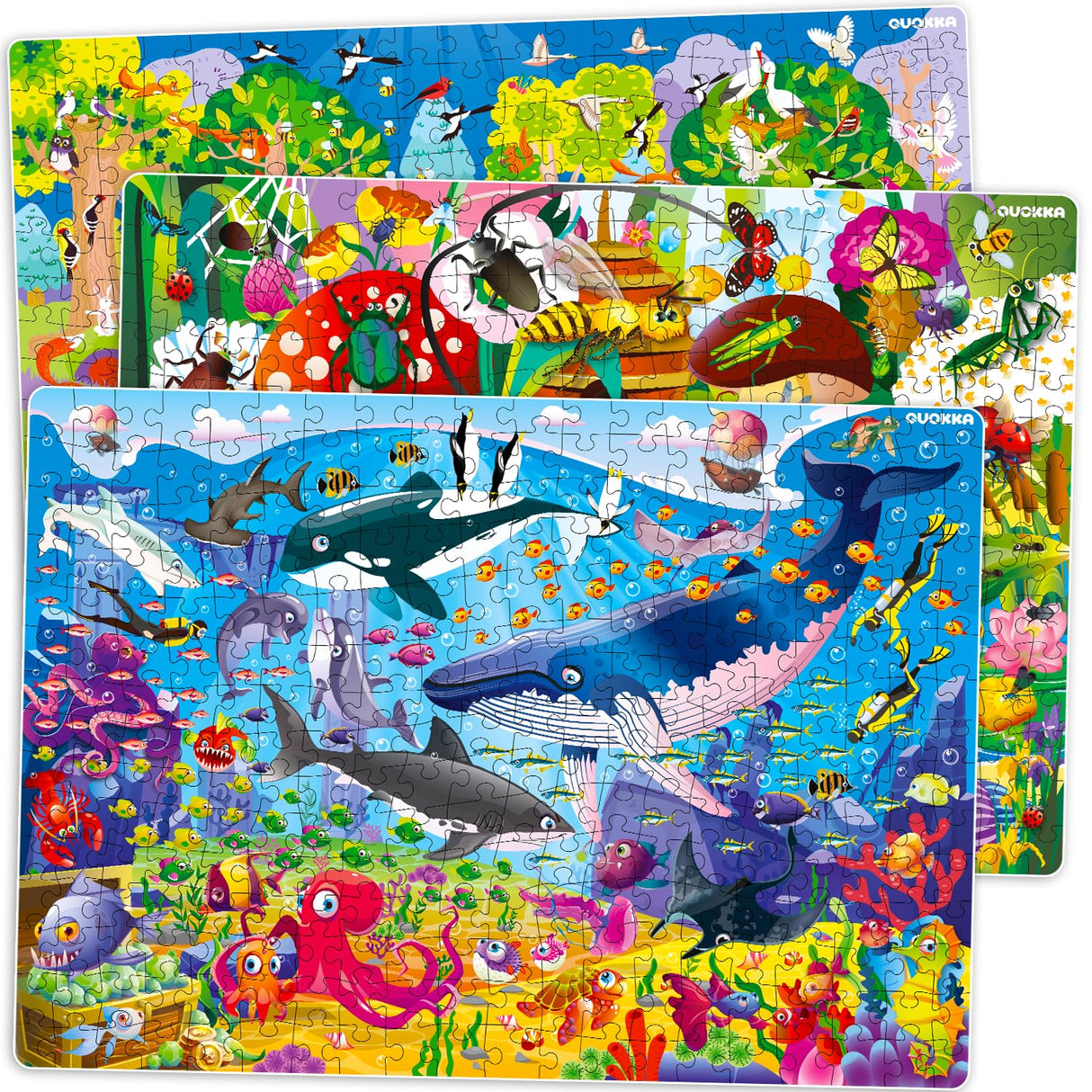 QUOKKA 300 Pieces Puzzles for Kids Ages 8-10 - 3X Set Floor Jigsaw Puzzles - Toy for Learning Ocean & Vimel & Bugs for 10-12 Year Old – Jigsaw Educational Game Gift for Boys and Girls QUOKKA