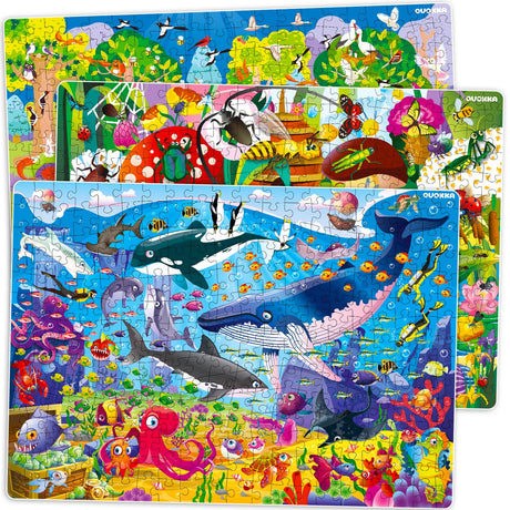 QUOKKA 300 Pieces Puzzles for Kids Ages 8-10 - 3X Set Floor Jigsaw Puzzles - Toy for Learning Ocean & Vimel & Bugs for 10-12 Year Old – Jigsaw Educational Game Gift for Boys and Girls QUOKKA