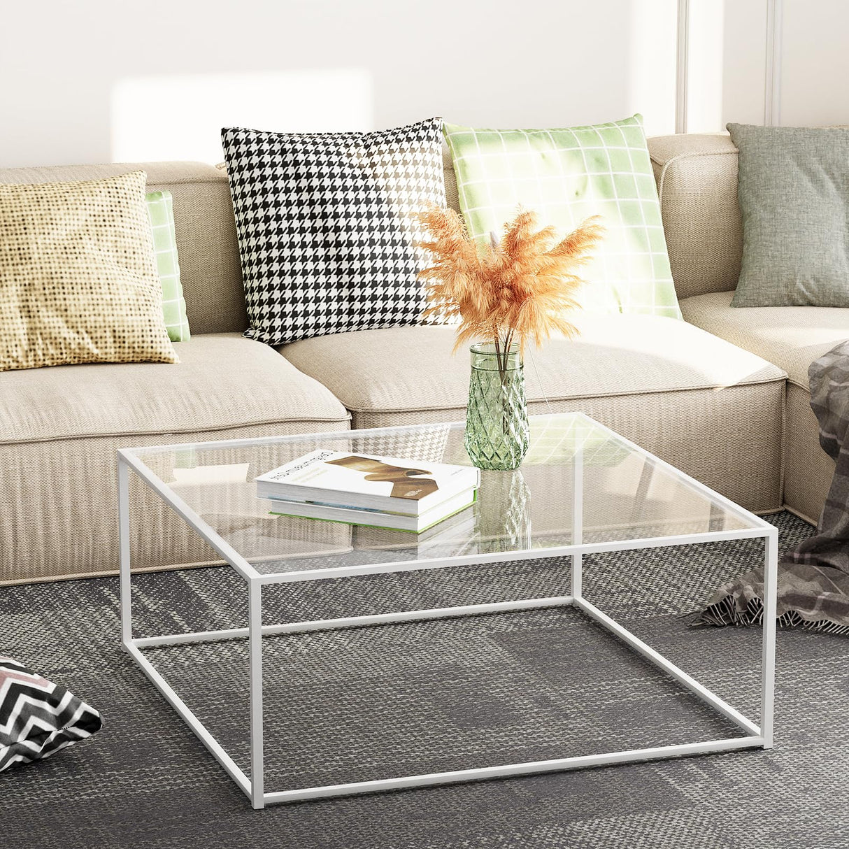 Glass Coffee Table Square Coffee Table for Small Space,Modern Minimalist Center Table for Living Room Home Office,Tempered Glass-top with Sturdy Metal Frame,Easy Assembly,27 x 27In, White Easy Paws