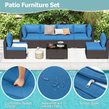 RYNSTO 7 Piece Patio Furniture Set with Adjustable Bracket Wicker Rattan Patio Conversation Sets Outdoor Sectional Sofa Set with Wood Table and Cushions for Porch Lawn Garden, Blue RYNSTO