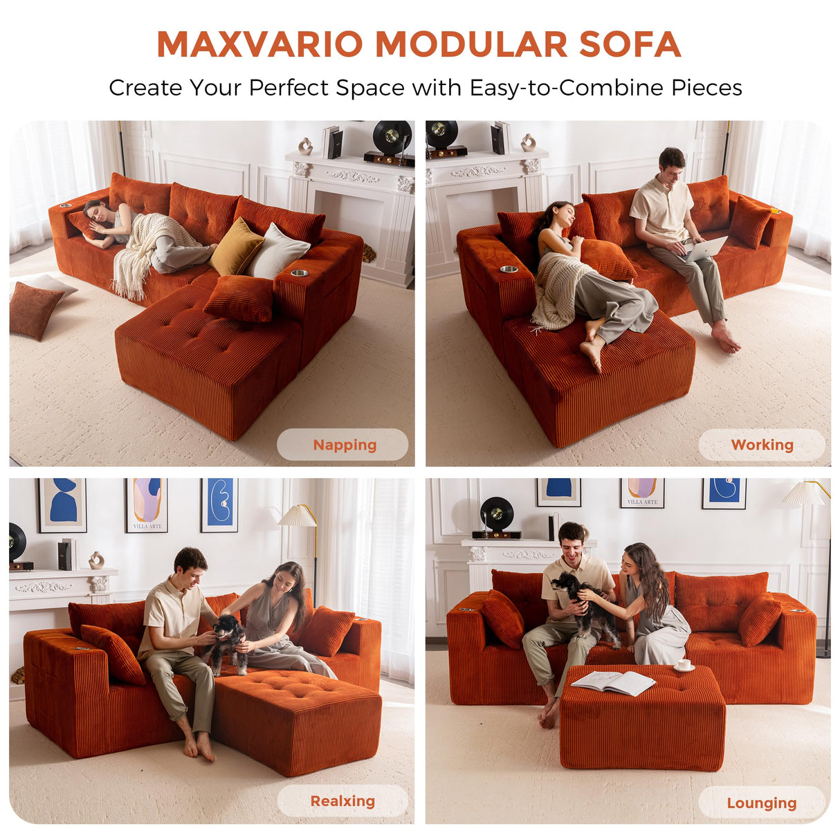MAXYOYO Modular Sectional Sofa Couch, L Shaped Modern Cloud Couch with 1 Ottoman, Sofa in A Box, Tufted 4-Seat Boneless Sleeper Chair for Living Room, No Assembly Required, Orange MAXYOYO