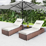Rophefx Outdoor PE Wicker Patio Lounge Chairs Set of 2, Outside Rattan Pool Lounge Chair with Cup Holder & Adjustable Backrest, Brown Rattan Recliners for Poolside Deck Beach Yard (White Cushions) Rophefx