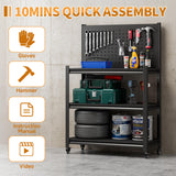 48.15" H Adjustable Workbench with Pegboard,3-Tier Heavy Duty Work Table with Wheels,Black Rolling Workshop Bench,Mobile Garage Workstation, Metal Tool Bench for Garage Warehouse Workshop Firstsky