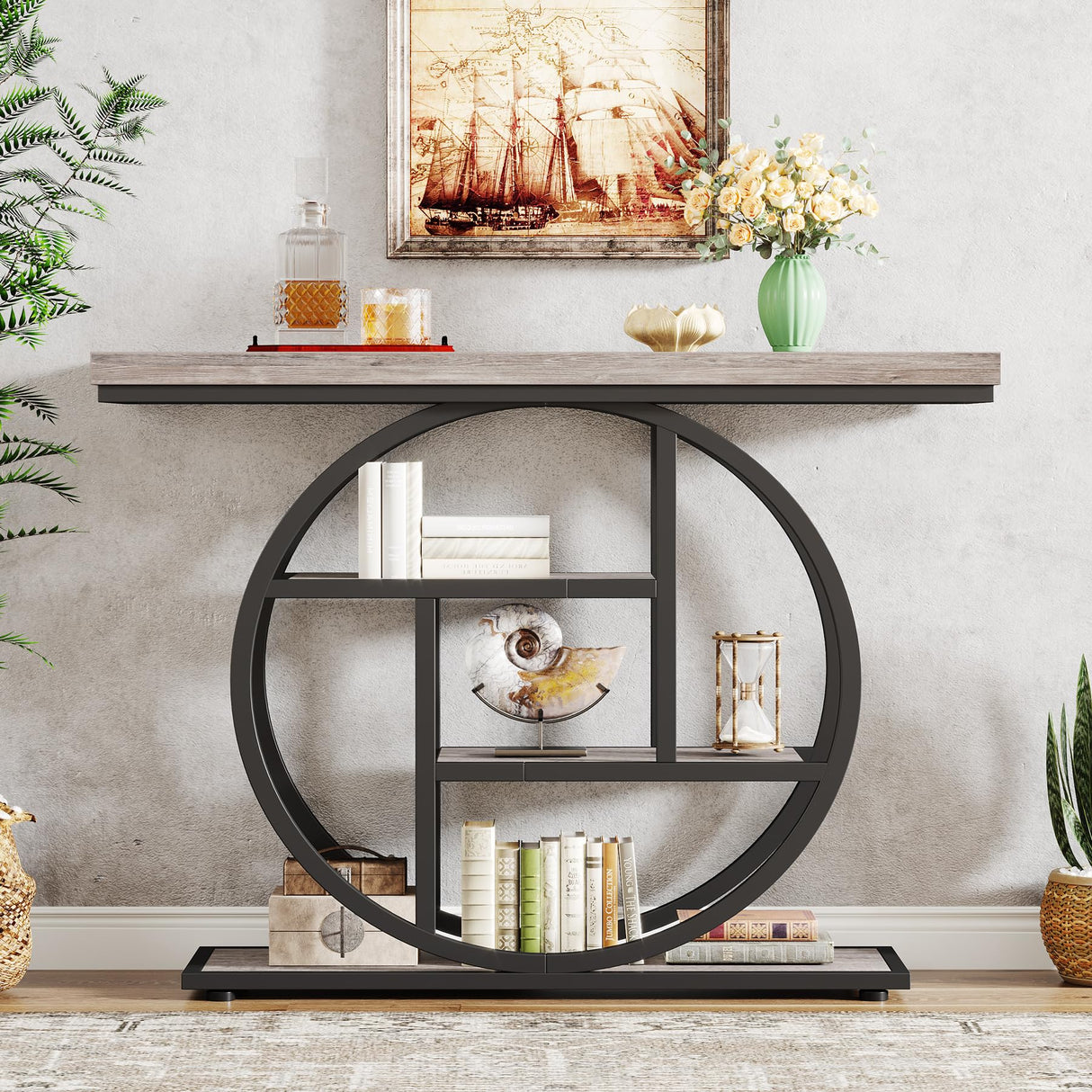 Tribesigns 41.3" Console Table, Industrial 4-Tier Sofa Table Entryway Table with Circle Base, Narrow Wood Accent Tables with Storage Shelves for Living Room, Hallway, Foyer, Gray Tribesigns