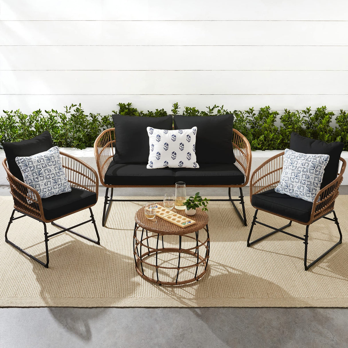 Best Choice Products 4-Piece Outdoor Rope Wicker Patio Conversation Set, Modern Contemporary Furniture for Backyard, Balcony, Porch w/Loveseat, Plush Cushions, Coffee Table, Steel Frame - Black Best Choice Products