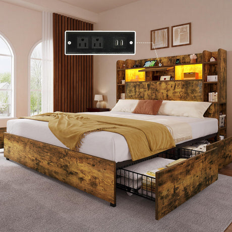 YITAHOME Queen Bed Frame with Bookcase Headboard and 4 Storage Drawers, RGB LED Bed Frame with Type-C & USB Charging Station Storage Headboard Bed Frame, No Box Spring Needed, Noise Free, Rustic Brown YITAHOME