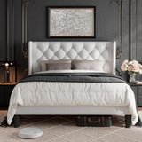 GalnFu Queen Size Bed Frame with Button Tufted Headboard, Upholstered Platform Bed Frame with UnderBed Storage, Wooden Slats Supports, Noise Free, No Box Spring Needed, Easy Assembly, White GalnFu