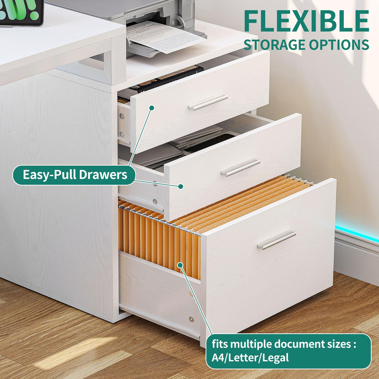 YITAHOME L Shaped Desk with 3 Drawers, 65" Corner Computer Desk with Power Outlets & LED Lights, L-Shaped Desk with File Cabinet & Printer Stand for Home Office, White YITAHOME