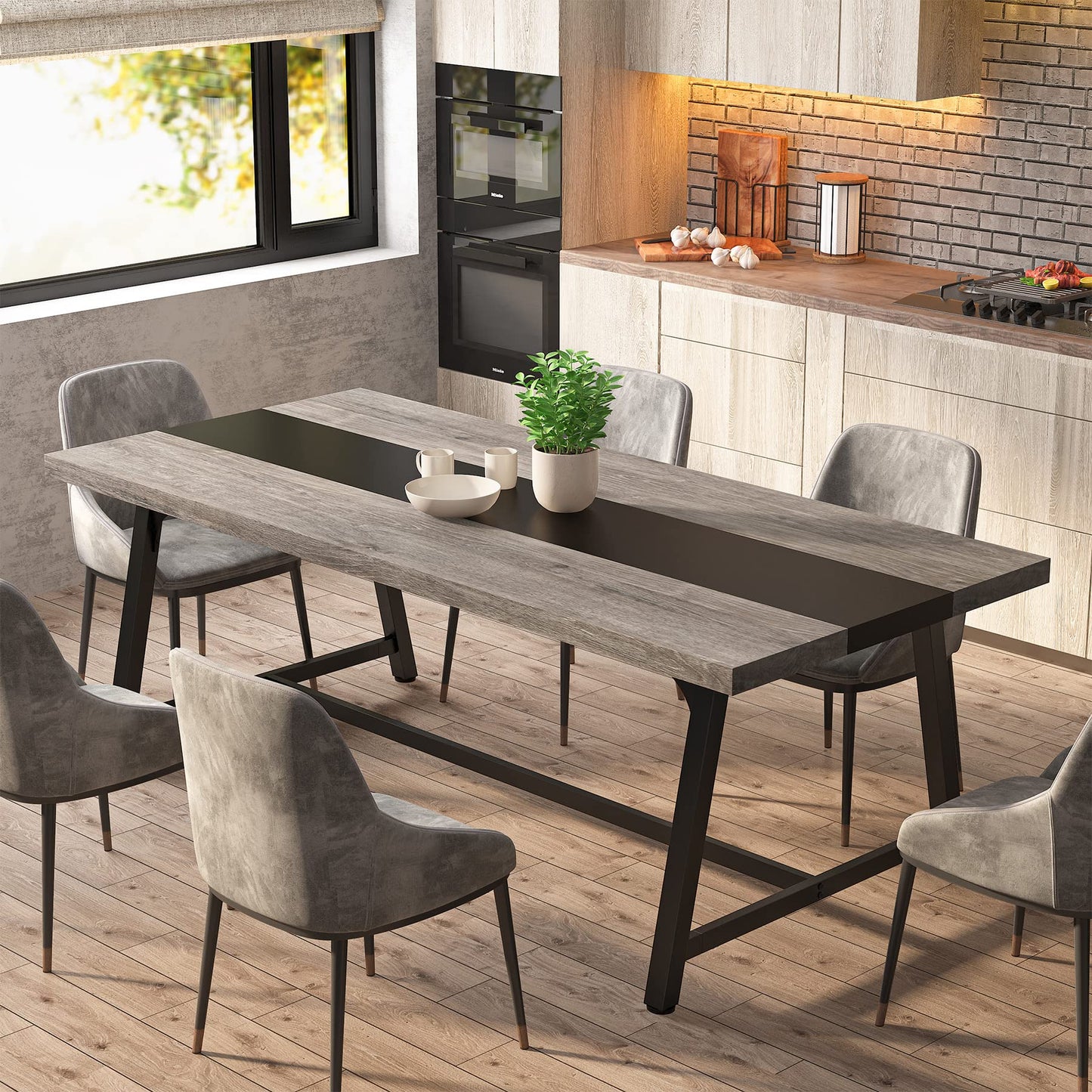 Tribesigns Dining Table for 8 People, 70.87-inch Rectangular Wood Kitchen Table with Strong Metal Frame, Industrial Large Long Dining Room Table for Big Family (Gray, No Chair) - WoodArtSupply