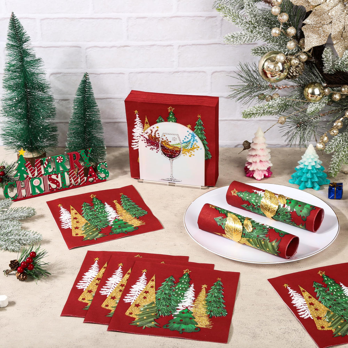 100Pcs Red Pines Trees Paper Napkins Christmas Disposable Party Napkin 6.5" Seasonal Winter Xmas Luncheon Hand Towel for Holiday New Year Party Table Decor AllReal