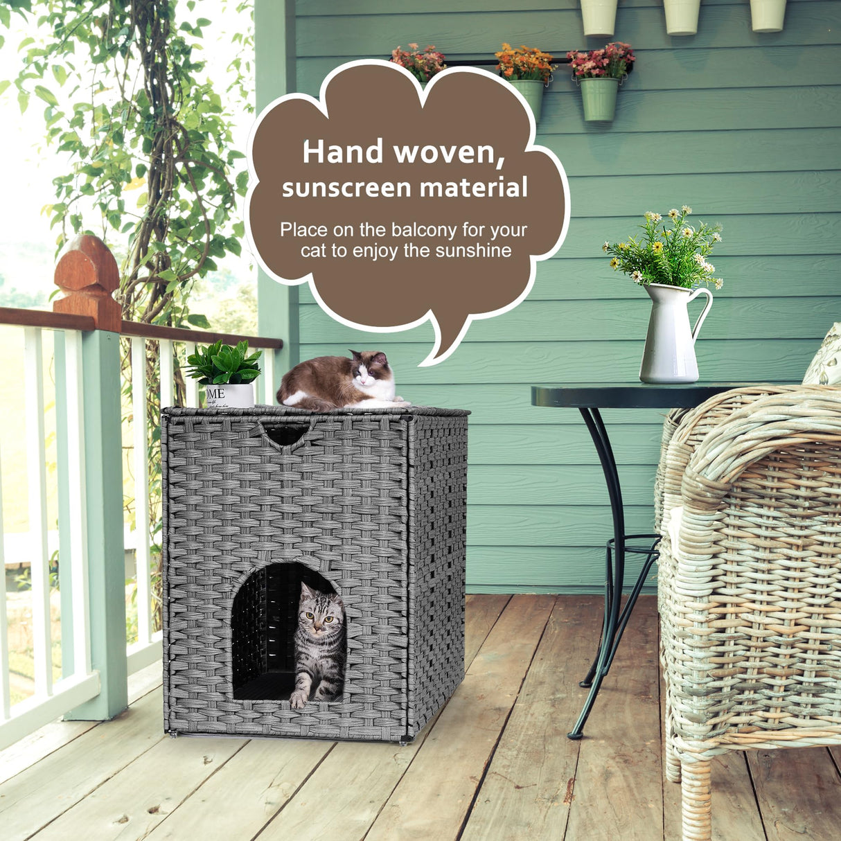 Cat Litter Box Enclosure with Litter Trapping Mat; Handwoven Plastic Rattan Cat House; No Installation Hidden Cat Washroom; Pet Crate for Balcony,Bedroom,Living Room Honiakaka
