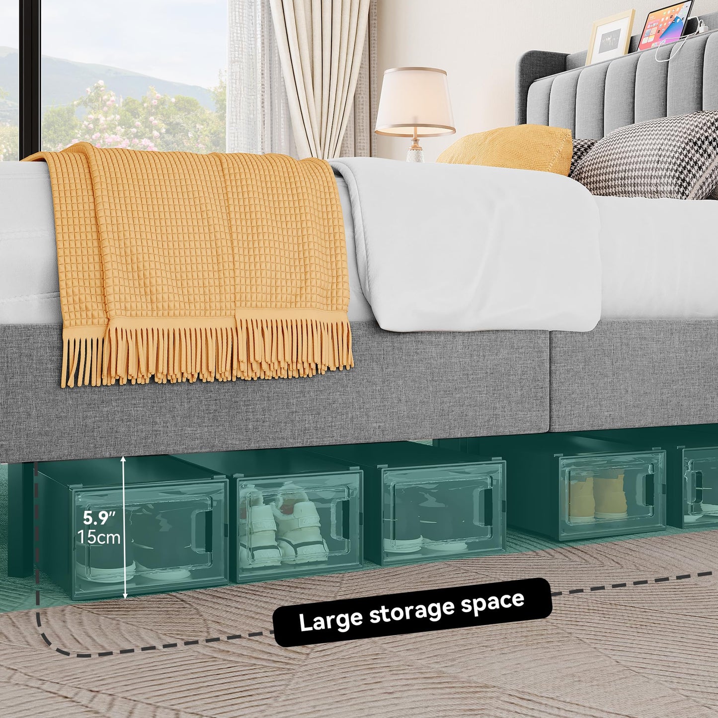 YITAHOME Grey Queen Size Floating Bed Frame with Upholstered Headboard, LED Lighting, and USB Ports