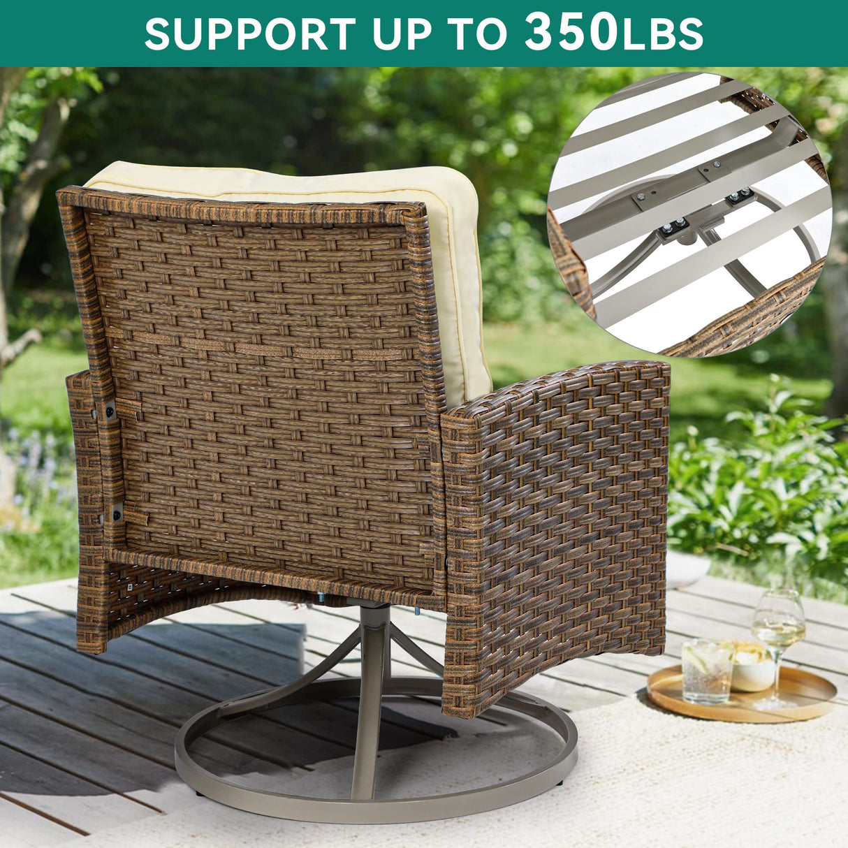YITAHOME 3-Piece Patio Wicker Swivel Chairs, Outdoor Small Furniture Rocking Coversation Chairs w/Thick Cushions and Table for Garden, Backyard and Balcony (Tan Chairs + Off- White Cushions) YITAHOME