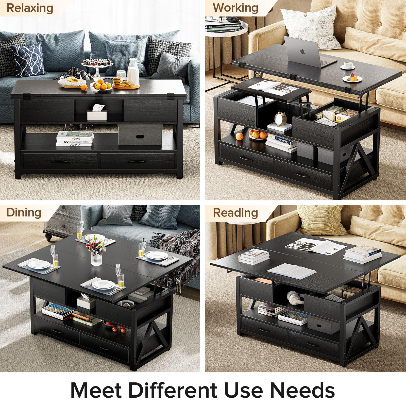 Memobarco 40" Lift Top Coffee Table,4 in 1 Multi-Function Lift Coffee Tables with Storage Drawers and Hidden Compartmen,Farmhouse Coffee Table with Lifting top for Living Room,Black - WoodArtSupply